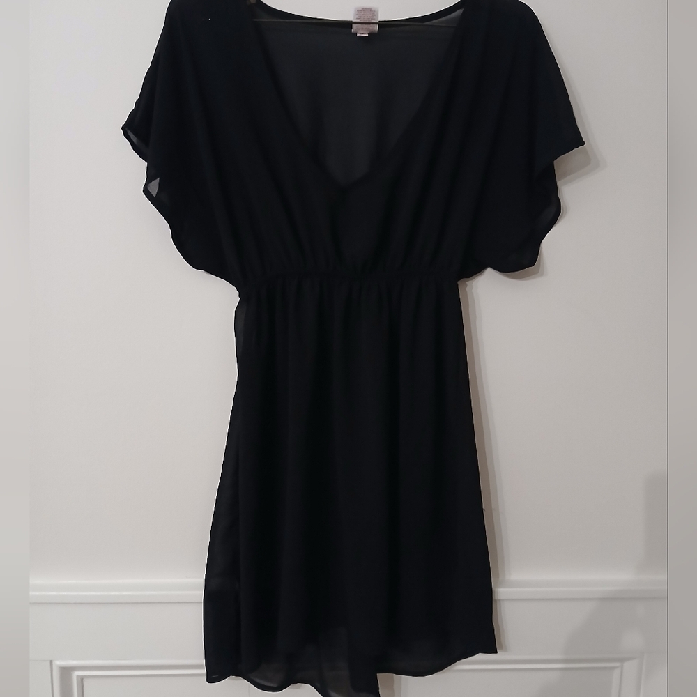 Merona Black Sheer V-Neck Gathered Waist Women's Swim Cover-Up Dress Size:Small